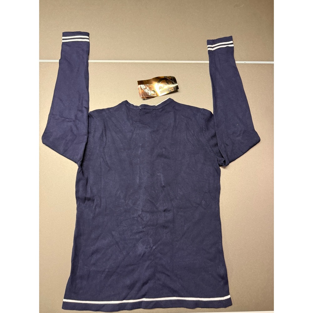 BYdesign Womens Navy Blue White Trim Button Front Cardigan Sweater classic chic